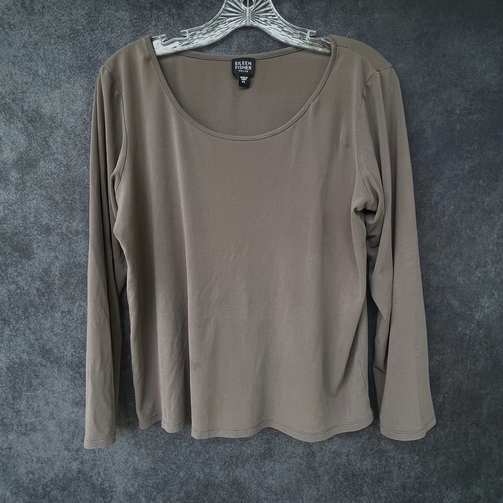 Eileen Fisher Petite L 100% Silk Long Sleeve Top Taupe Designer Quiet Luxury